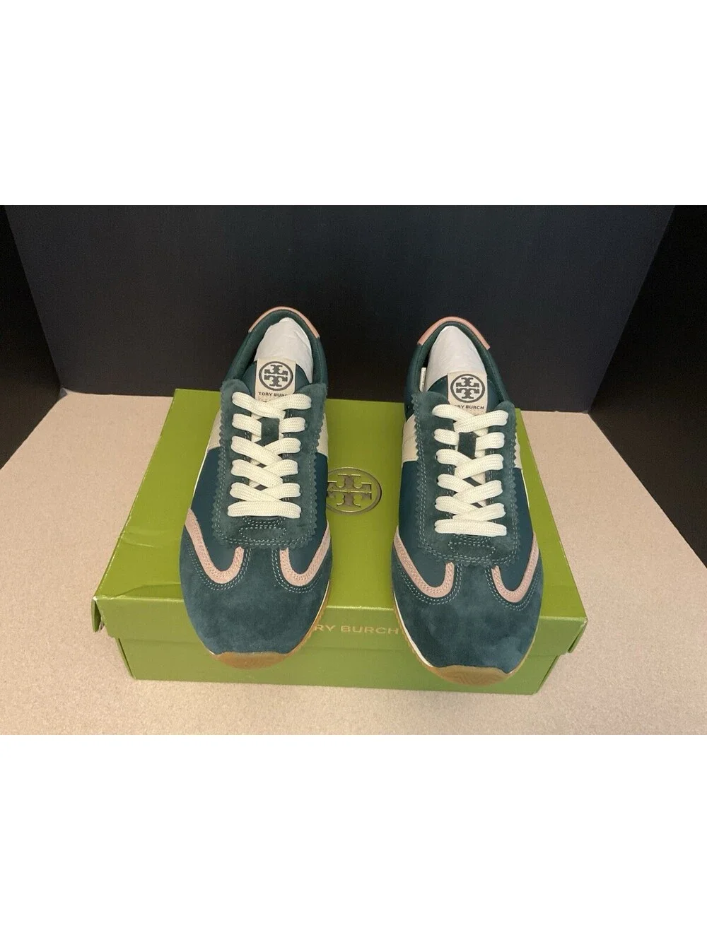 New! Womens Tory Burch HANK Nylon & Suede Sneakers, Bottle Green/Pink. Size 8.